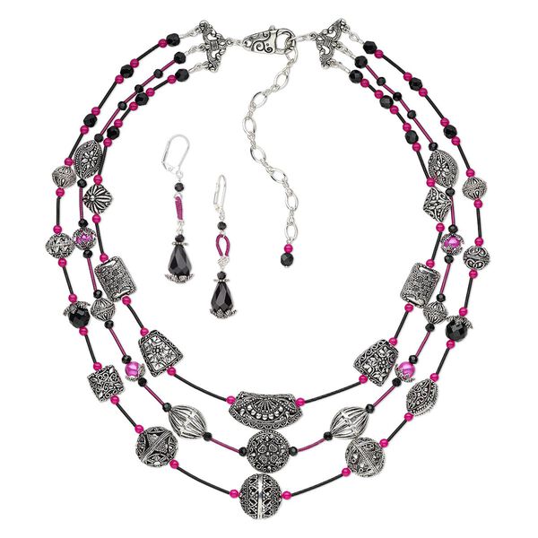 Necklace and earring set, One of a Kind Jewelry, sterling silver / silver-plated brass and pewter (tin-based alloy) / glass, jet and hot pinks, 19-1/2 inch necklace. Only one available. image number 0