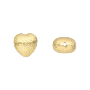 Bead, gold-finished brass, 12x12mm brushed puffed heart. Sold per pkg of 4.