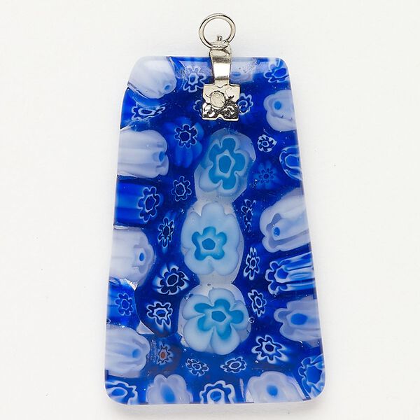 Focal 1pkg1 silver-finished steel and millefiori glass, translucent and transparent cobalt blue and multicolored, 38x23mm-39x24mm puffed trapezoid. image number 0