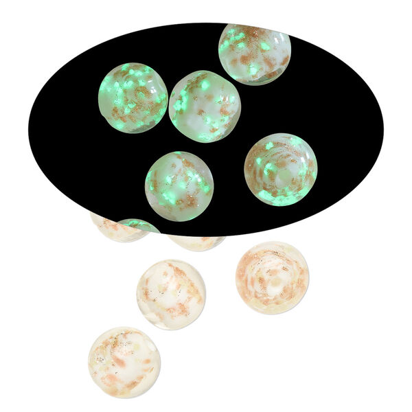 Bead, lampworked glass, clear /opaque white/ glow-in-the-dark / gold, 12mm round. Sold per pkg of 6. image number 0