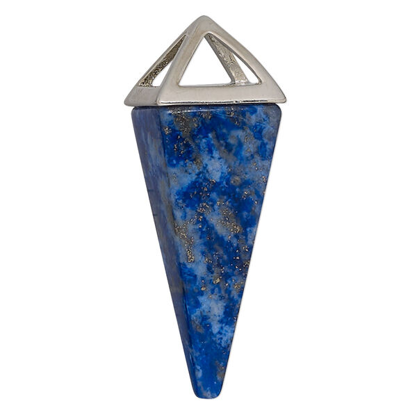 Focal, lapis lazuli (natural) and imitation rhodium-finished "pewter" (zinc-based alloy), 36x15mm-42x15mm 4-sided point, Mohs hardness 5 to 6. Sold individually. image number 0