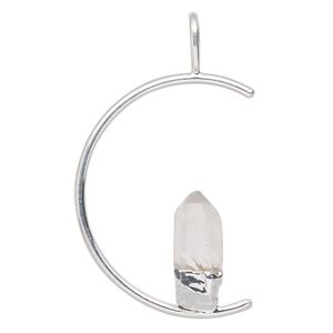 Pendant, Everyday Jewelry, silver-plated brass and quartz crystal (natural), 45x23mm-47x25mm open half round. Sold individually.
