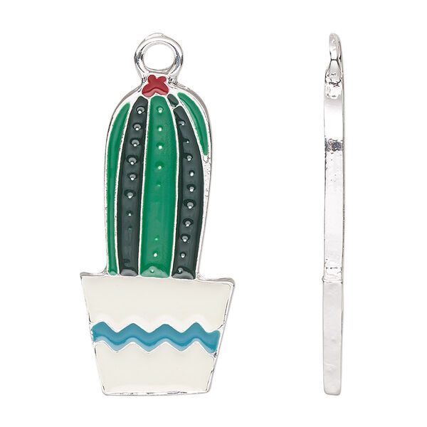 Charm, enamel and silver-finished pewter (tin-based alloy), multicolored, 33x16mm potted cactus. Sold per pkg of 2. image number 0