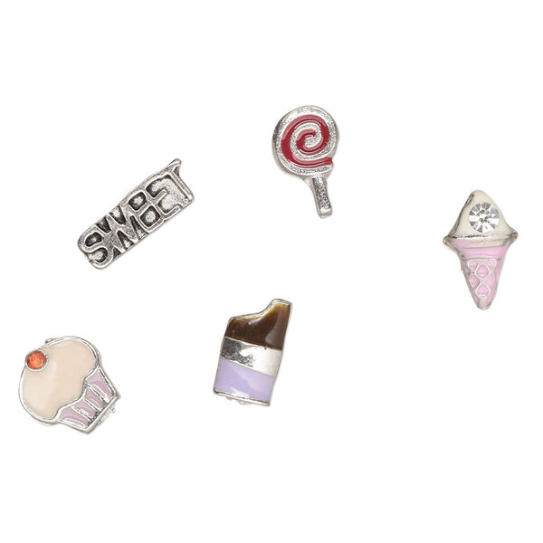 Charm mix, glass rhinestone / enamel / antique silver--finished "pewter" (zinc-based alloy), multicolored, 8x5mm-10x3mm assorted undrilled shapes. Sold per pkg of 5. image number 1