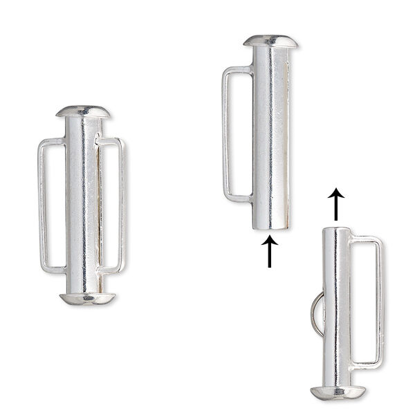 Clasp, slide lock, silver-plated brass, 21x6mm round tube. Sold per pkg of 4. image number 0