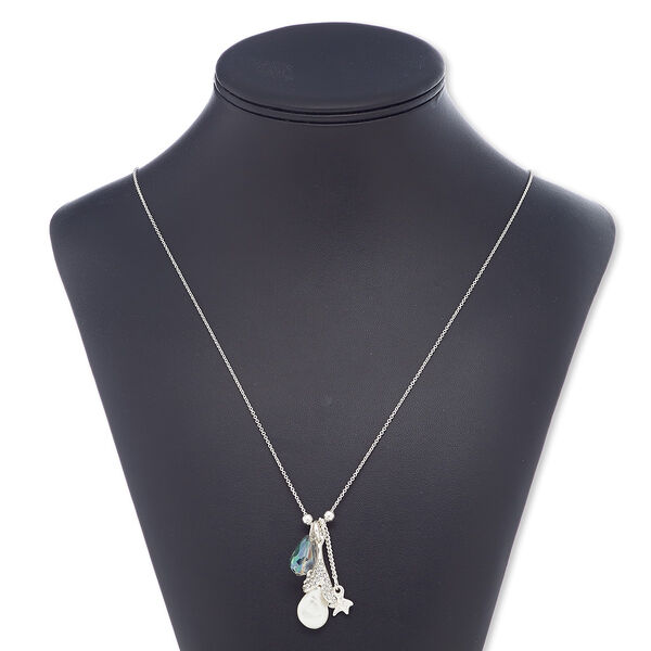 Necklace, glass rhinestone / glass / resin / silver-plated brass / steel / "pewter" (zinc-based alloy), multicolored, 1-inch dangle with teardrop, 28 inches with 2-inch extender chain and lobster claw clasp. Sold individually. image number 0