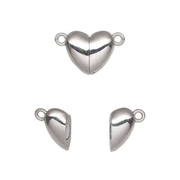 Clasp, magnetic, stainless steel, 12x11mm double-sided heart. Sold individually. image number 0