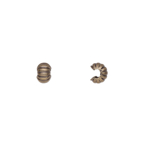 Crimp cover, antique gold-plated brass, 5x4.5mm corrugated rondelle. Sold per pkg of 100. image number 0