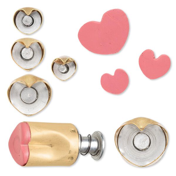 Clay cutter, Kemper®, brass, 10x9mm-20.5x16.5mm assorted heart with built in pop-out tool. Sold per 5-piece set. image number 0