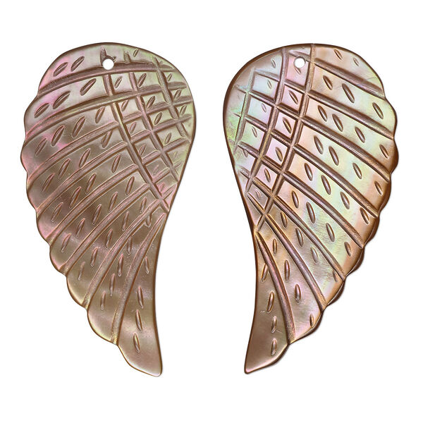 Focal, penguin wing oyster shell (natural), 36x20mm-40x24mm single-sided hand-cut left- and right-facing carved wing, Mohs hardness 3-1/2. Sold per pkg of 2. image number 0