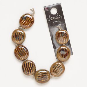 Bead, ceramic, pkg/8, brown and dark brown, 20x19mm-24x21mm puffed flat round.