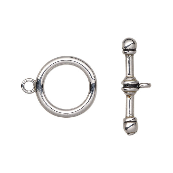 Clasp, toggle, enamel and stainless steel, black, 16mm round. Sold per pkg of 10. image number 0