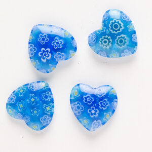 Bead, millefiori glass, pkg/4, translucent blue/yellow/white, 18-20mm half-drilled puffed heart.