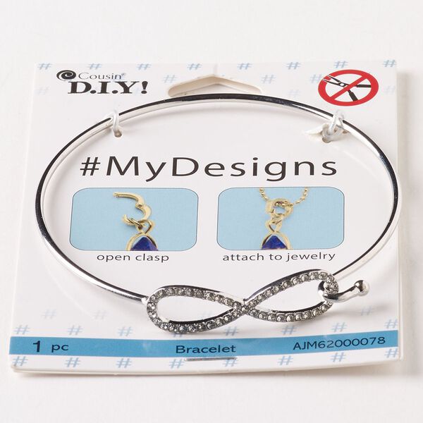 Bracelet, bangle, steel and glass, pkg/1, silver finish and clear, 8 inches with 10mm infinity symbol and hook clasp. image number 0