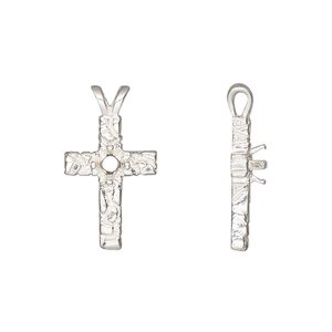 Pendant, Sure-Set™, sterling silver, 21.5x12mm cross with 4mm pre-notched 4-prong round setting. Sold individually.