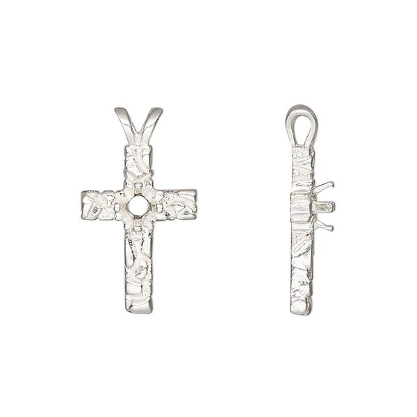 Pendant, Sure-Set™, sterling silver, 21.5x12mm cross with 4mm pre-notched 4-prong round setting. Sold individually. image number 0