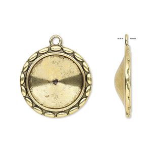 Drop, Almost Instant Jewelry®, antique gold-finished "pewter" (zinc-based alloy), 24mm round with scalloped design and 18mm rivoli setting. Sold per pkg of 6.