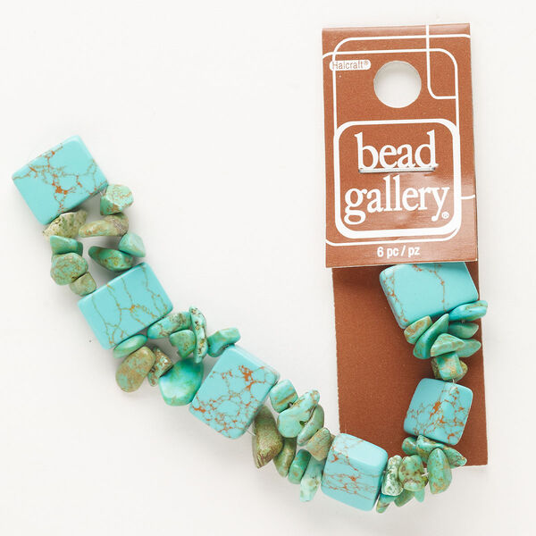 Bead, "howlite" (resin) (imitation), pkg/5 inches, turquoise blue, 14x10mm flat rectangle and mini-to-medium chip. image number 0