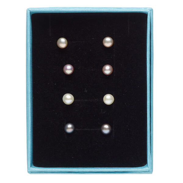 Earstud, cultured freshwater pearl (bleached / dyed) and stainless steel, assorted colors, 5.5-6mm button with post. Sold per pkg of 4 pairs. image number 0