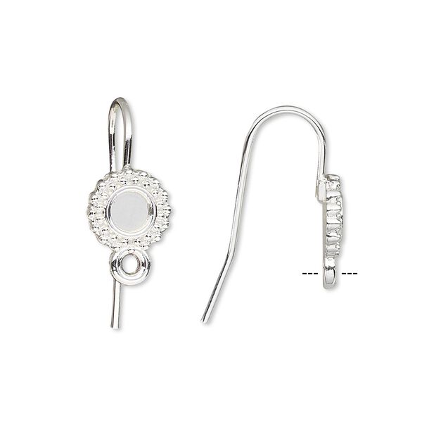 Ear wire fishhook 1pkg10, 16mm / 4mm beaded round glue-in cab setting / closed loop, 18 gauge silver-finished brass 5 pair image number 0