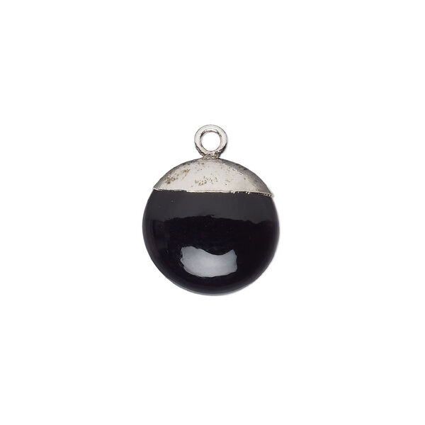 Drop, black onyx (dyed) and sterling silver, 12mm puffed flat hand-cut round. Sold individually. image number 0