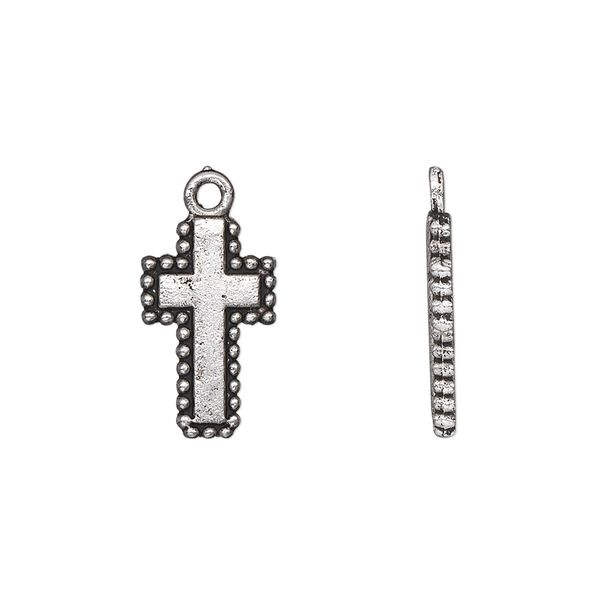 Drop, antique silver-plated "pewter" (zinc-based alloy), 16x11mm double-sided cross. Sold per pkg of 10. image number 0