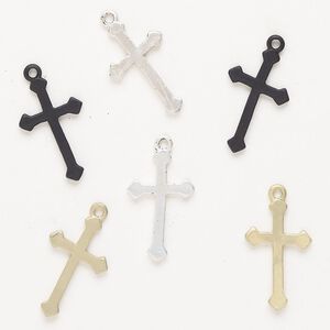 Drop 1pkg6 "pewter" (zinc-based alloy) 23x14mm cross, assortment matte gold finish / silver finish / black finish