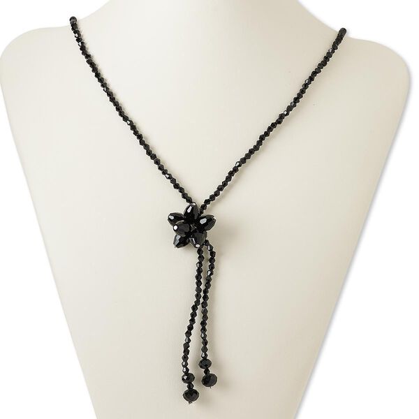 Necklace, glass / brass / steel, black, 4-inch dangle with 4mm bicone, 28-inch continuous loop. Sold individually. image number 0