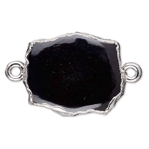 Link, electro-coated black onyx (dyed) / sterling silver loops / copper- and silver-plated rim, 13x12mm-15x14mm freeform rectangle. Sold per pkg of 2. image number 0