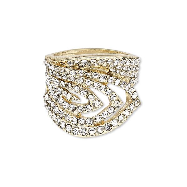 Ring, glass rhinestone and gold-finished "pewter" (zinc-based alloy), clear, 20mm wide with oval design, size 7-1/2. Sold individually. image number 0