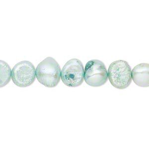 Pearl, cultured freshwater (dyed), teal green, 6-7mm flat-sided potato, D grade, Mohs hardness 2-1/2 to 4. Sold per 16-inch strand.