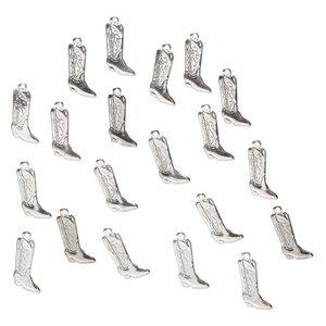 Charm, steel, pkg/20, 19x9mm cowboy boot, silver finish.