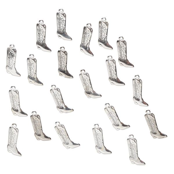Charm, steel, pkg/20, 19x9mm cowboy boot, silver finish. image number 0