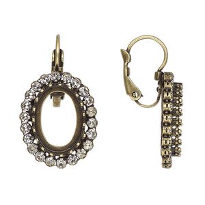 Ear wire leverback 1pkg2 JBB findings antique brass-plated, 28.5mm / 14x10mm oval open back bezel setting, brass / crystal clear 1 pair