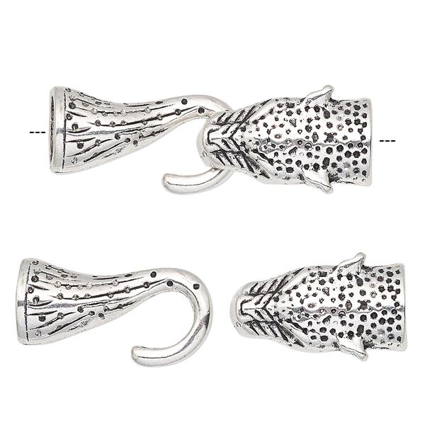 Clasp, hook, antique silver-finished "pewter" (zinc-based alloy), 41.5x14mm with 22x14mm cheetah head and 24.5x13mm tail with glue-in ends, 8.5mm inside diameter. Sold individually. image number 0