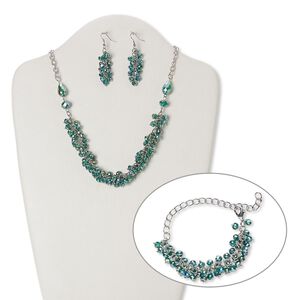 Necklace, bracelet and earring set, glass with silver-plated steel and brass, turquoise blue AB, rondelle, 20 inches with 2-inch extender chain and lobster claw clasp, 7-inch bracelet, 2-1/4 inch earrings with fishhook ear wire. Sold per set.