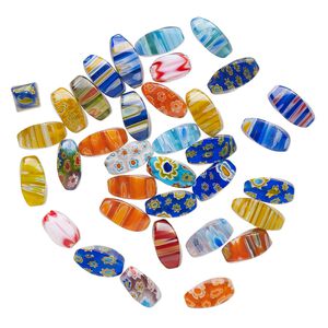 Millefiori glass bead mix 1pkg1, 12x6mm-16x8mm 4-sided twisted oval with 0.4-0.6mm hole, 2-ounce pkg approximately 30-35 beads multicolored