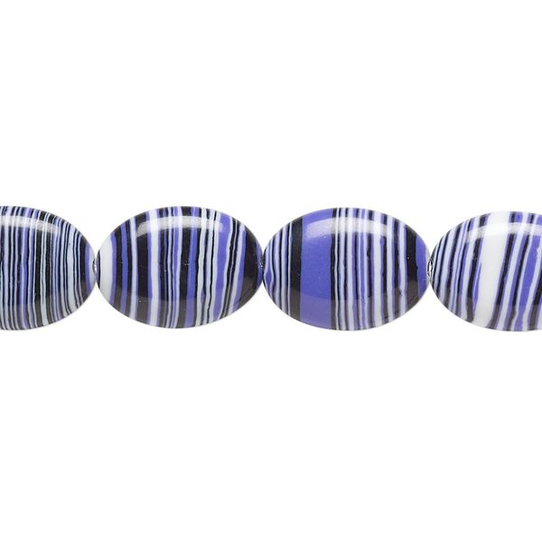 Bead, resin, black / white / purple, 14x10mm flat oval. Sold per 15" to 16" strand. image number 0