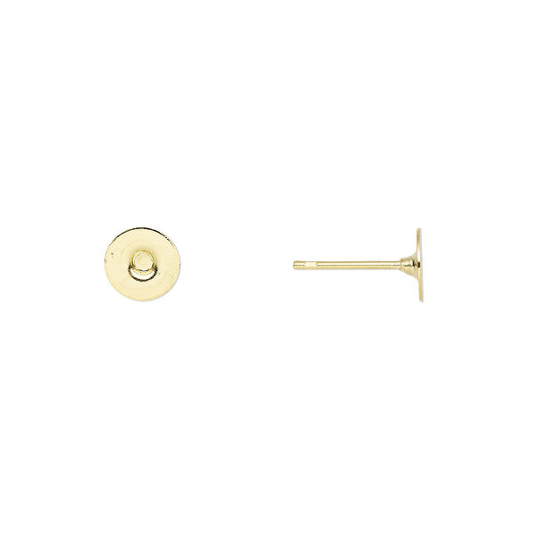 Earstud, gold-plated brass and steel, 6mm flat pad. Sold per pkg of 50 pairs. image number 0