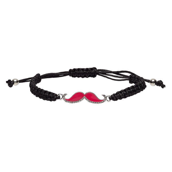 Bracelet, nylon / enamel / glass rhinestone / silver-finished "pewter" (zinc-based alloy), black / pink / clear, 9mm wide with 33x9mm mustache, adjustable from 6 to 8-1/2 inches with macramé knot closure. Sold individually. image number 0