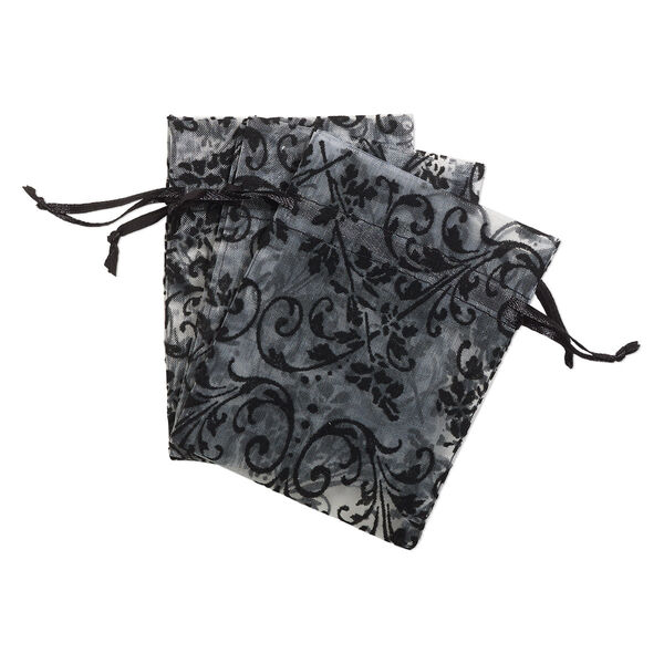 Pouch, satin and flocked organza, grey and black, 4x3-inch rectangle with damask design and drawstring. Sold per pkg of 12. image number 0