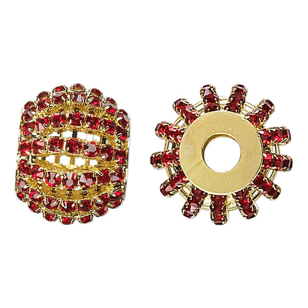 Bead, glass rhinestone and gold-finished brass, ruby red, 25x20mm barrel with 3mm chatons, 6.5mm hole. Sold individually. image number 0