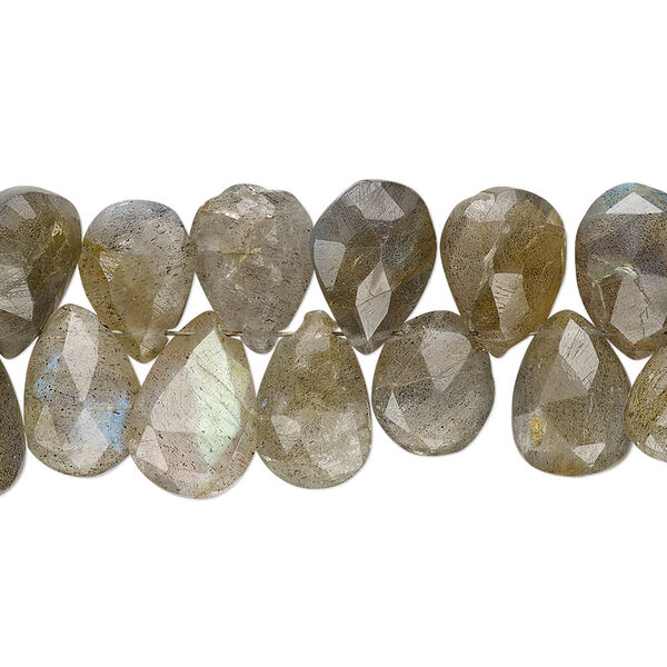Bead, labradorite (natural), 10x6mm-14x9mm hand-cut top-drilled faceted puffed teardrop with 0.4-1.4mm hole, C+ grade, Mohs hardness 6 to 6-1/2. Sold per 7-inch strand. image number 0