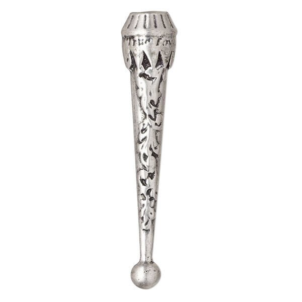 Bolo tip, antique silver-finished "pewter" (zinc-based alloy), 50x10mm with 6mm ball and flourish design. Sold per pkg of 4. image number 0