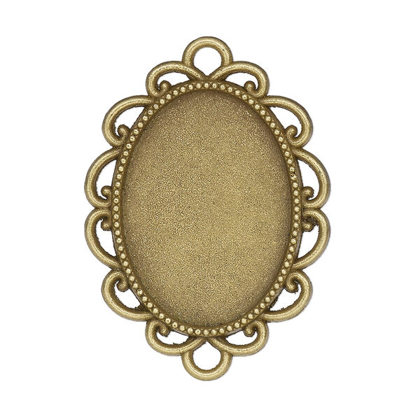 Link, glue-in, antique brass-finished "pewter" (zinc-based alloy), 30.5x26mm single-sided fancy oval with 25x18mm oval setting. Sold per pkg of 2. image number 0