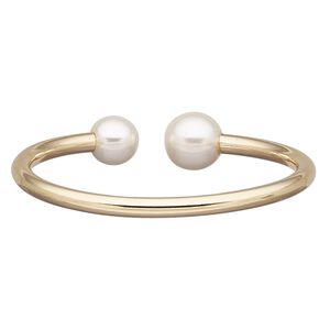 Bracelet, cuff, acrylic pearl and gold-finished brass, white, 14mm wide with 14mm round, adjustable from 6-7 inches. Sold individually.