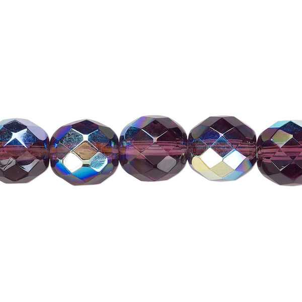 Bead, Czech fire-polished glass, amethyst purple AB, 10mm faceted round. Sold per 15-1/2" to 16" strand. image number 0