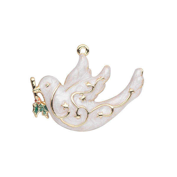 Charm, gold-finished "pewter" (zinc-based alloy) and enamel, white / green / red, 28x19mm single-sided dove with holly branch. Sold individually. image number 0