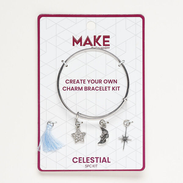 Bracelet and charm assortment, antique silver-finished brass / fabric / glass, light blue and clear, Celestial theme, 7-1/2 inches. Sold per 5-piece set. image number 0