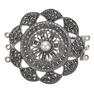 Clasp tab 1pkg1 sterling silver / Signity® marcasite / freshwater pearl shell (natural), 40mm domed round, antiqued / white 3-strand